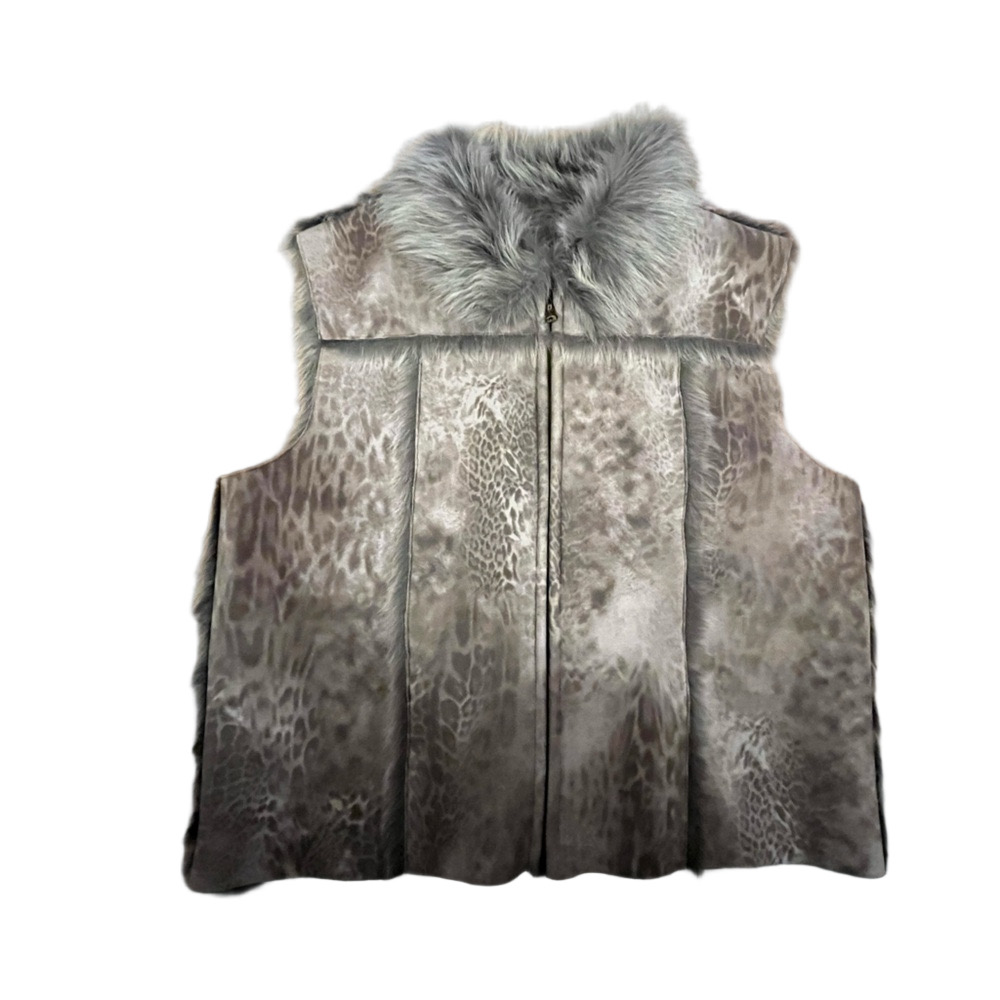 VTG Lisa International Gray Reversible Faux Fur Leopard Vest XL